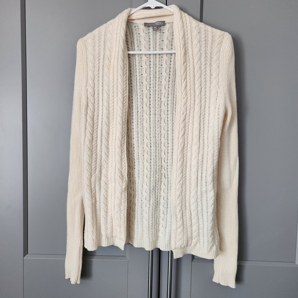 Neiman Marcus XS Cream Cashmere Cardigan Open Front Shawl Collar Cable Pointelle
